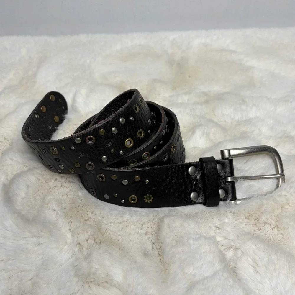 Fossil Dark Brown Genuine Leather Studded Grommet Belt Women Large Boho Rocker